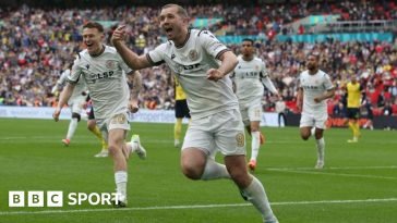 Michael Cheek celebrates scoring for Bromley in the National League promotion final against Solihull Moors at Wembley