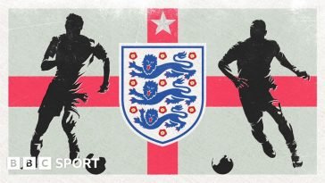 England national flag with Three Lions badge, star and silhouettes of two footballers